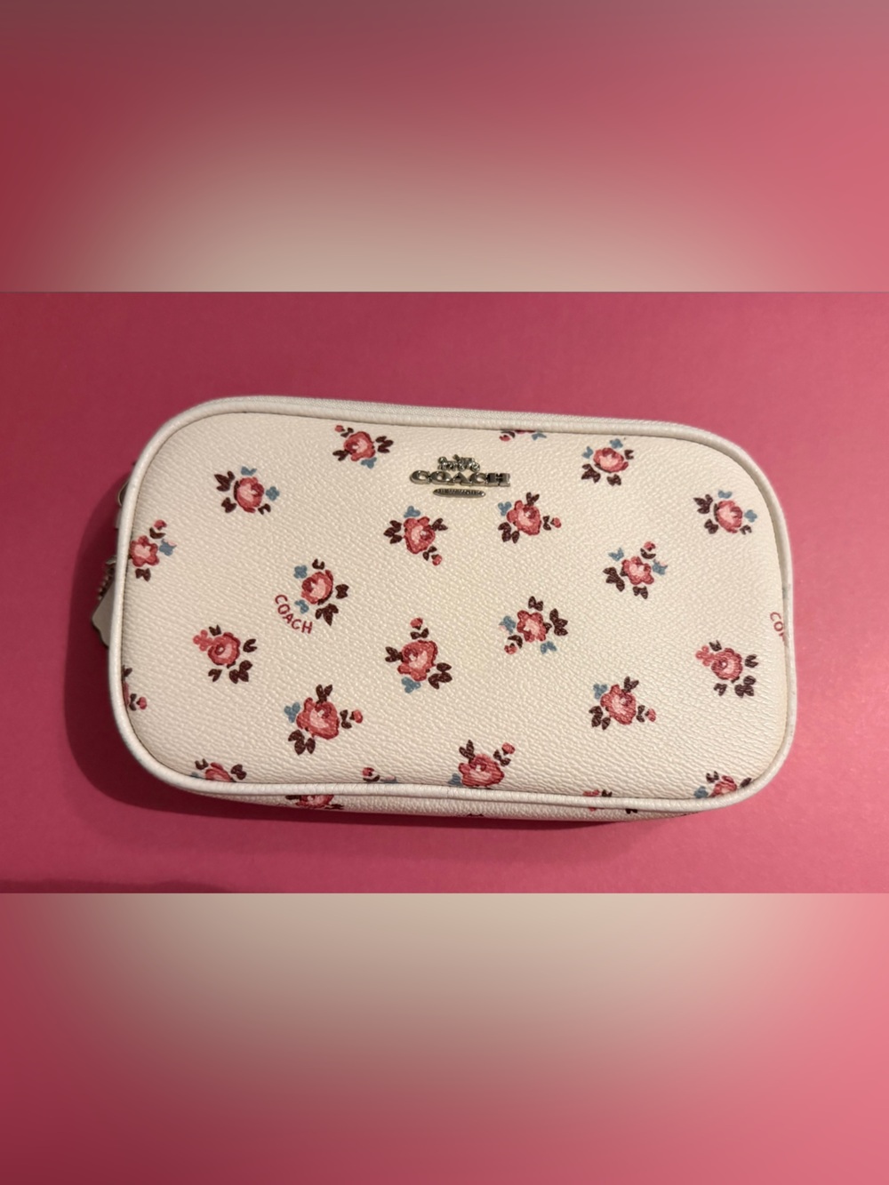 Coach White Floral Leather Cosmetic Pouch with Pink Roses
